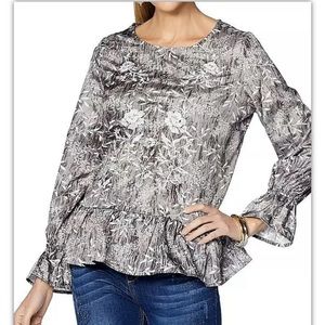 NWT La Bellum by Hillary Scott Ruffled Peplum Waist Blouse Top Gray Sz M Medium